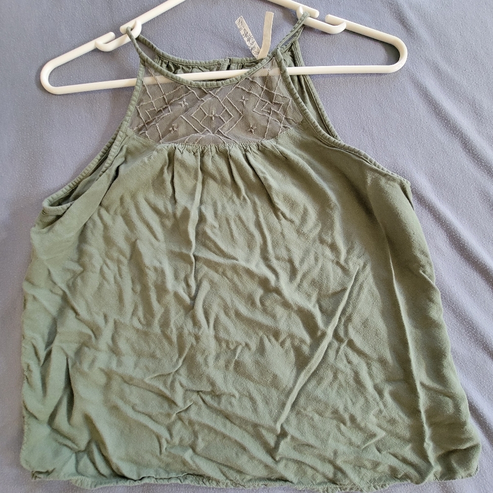 Mudd Olive Green Sleeveless Tank Top with Sheer Lace Panel - XS